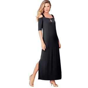 Roamans 1X Black‎ Maxi Dress Cruise Vacation Flowy Stretch